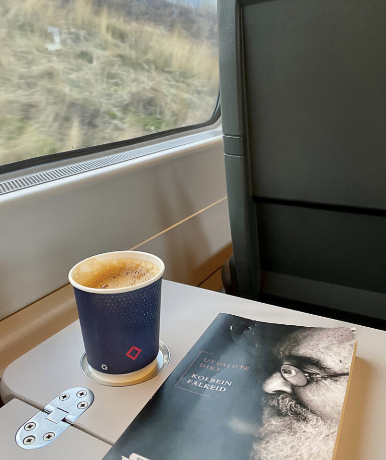 Coffee and poetry as the landscape passes the Nordland Reailway. Photo: Kathrine Sørgård / nordnorge.com