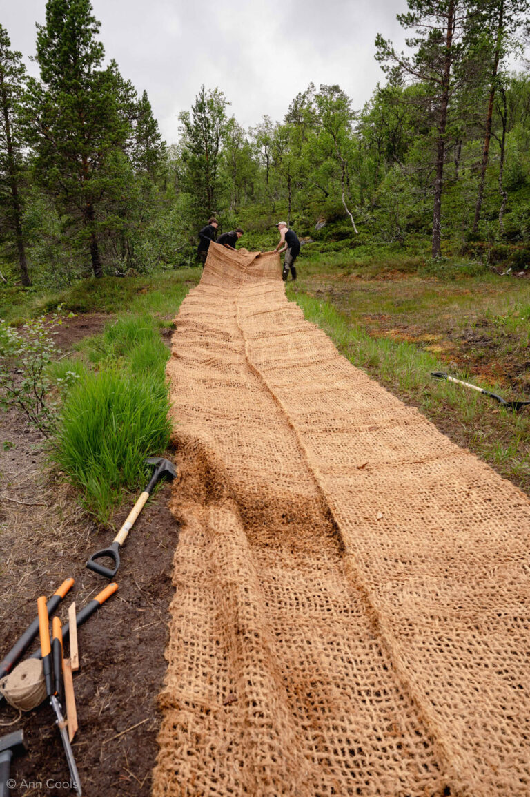 Coir mats are laid out to protect the soil, preventing the trail from widening and deepening with each spring thaw and hiking season © Ann Cools